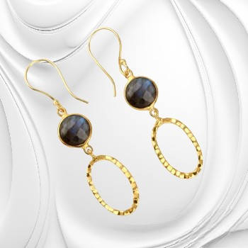 Best Quality Solid 925 Sterling Silver Genuine Labradorite 8mm Round Rose Cut 18k Gold Plated Drop Dangle Earring for Women