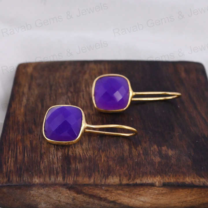 Beautiful Handmade 12mm Cushion Checker Cut Purple Chalcedony Stone 925 Silver 18k Gold Dangle Drop Women Earring Fine Jewelry