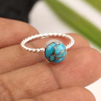 Top Selling 925 Sterling Silver Women's Handmade Ring Solid 10mm Gemstone in Natural Blue Copper Turquoise Shape Twisted Style
