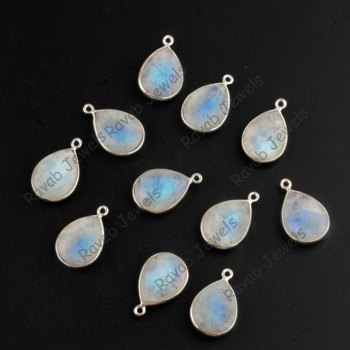 925 Genuine Silver Connector 12x16mm Rainbow Moonstone Gemstone Bezel Pendant Pear Shape Gold Fine Pendants Charms Wholesaler