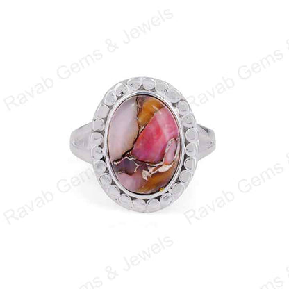 Handmade 925 Silver Designer Bezel Ring Mohave Pink Opal Copper Cabochon Gemstone 10x14mm Solid Rhodium Plated Fine Jewelry