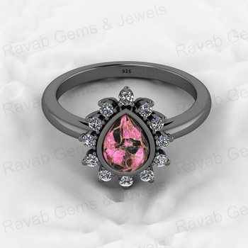 Top Selling 925 Genuine Silver Women's Engagement Ring 6X8mm Pear Pink Black Copper Turquoise Gemstone CZ Wedding Jewelry