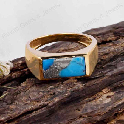 Best Selling 7x14mm Natural Pyrite Turquoise Gemstone Handmade 925 Silver Rectangle Vermeil Eternity Ring Fine Jewelry For Men's