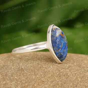 Handmade Winter Sale Women's 925 Sterling Silver Kitty Ring Natural Lapis Lazuli Gemstone Smooth Marquise Copper Shape 7x15mm