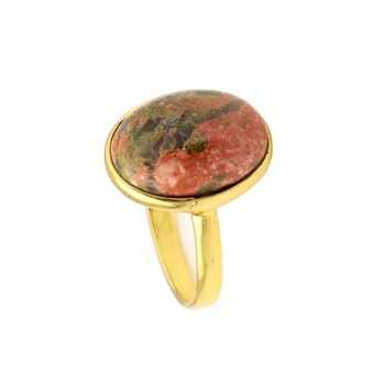 Top Quality 10x14mm Natural Unakite Gemstone Bezel Setting Wholesale Genuine Sterling Silver Gold Plated Oval Shape Ring for Her