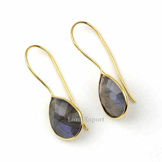 Everyday Minimalist Fine Dangle Earrings 12x16mm Natural Labradorite Gemstone 18k Gold Sterling Silver Plated Teardrop Design