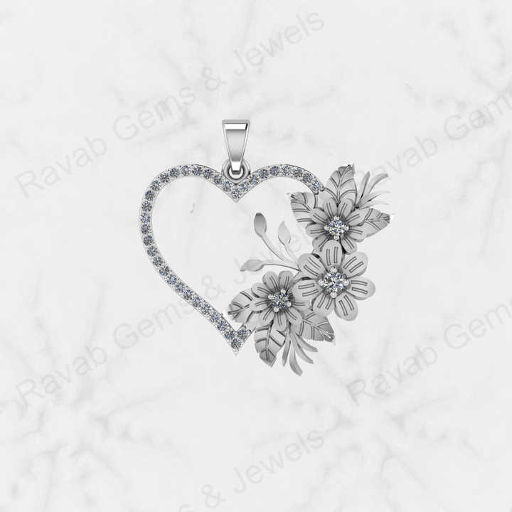 Top Quality Solid 925 Sterling Silver 24x29mm Heart Flower Design Micro Pave Diamond Setting Charm Pendant Nature Love Jewelry