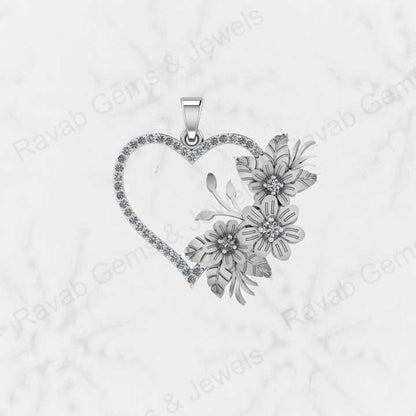 Top Quality Solid 925 Sterling Silver 24x29mm Heart Flower Design Micro Pave Diamond Setting Charm Pendant Nature Love Jewelry