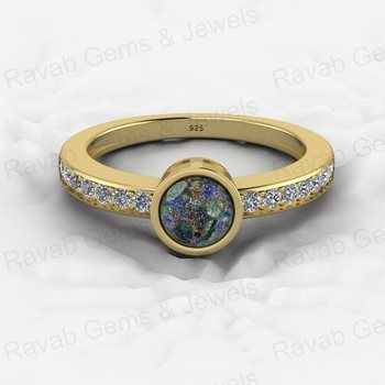 Top Selling 18K Gold Filled Women's Fine Fashion Ring 7mm Genuine Azurite Malachite Gemstone Solid 925 Sterling Silver Party