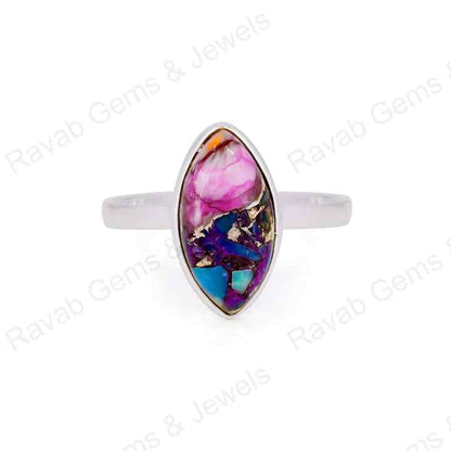 Natural Pink Spiny Oyster Turquoise Marquise Shape 7x14mm Bezel Setting Solid 925 Sterling Silver Women Daily Wear Handmade Ring