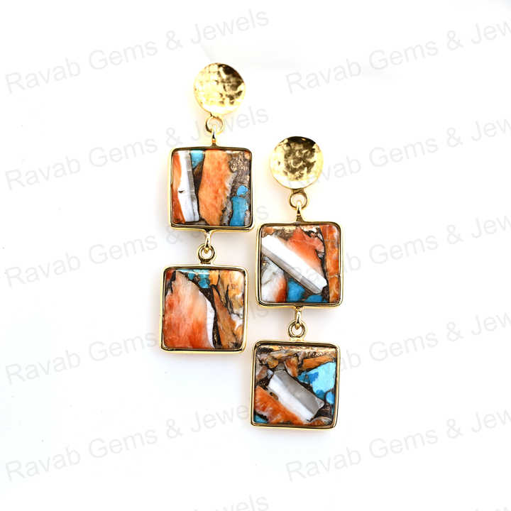 New Arrival Solid 925 Sterling Silver Natural Spiny Oyster 10mm Square Smooth 18k Gold Plated Dangle Drop Fine Earring for Women