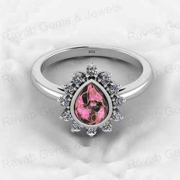 Top Selling 925 Genuine Silver Women's Engagement Ring 6X8mm Pear Pink Black Copper Turquoise Gemstone CZ Wedding Jewelry