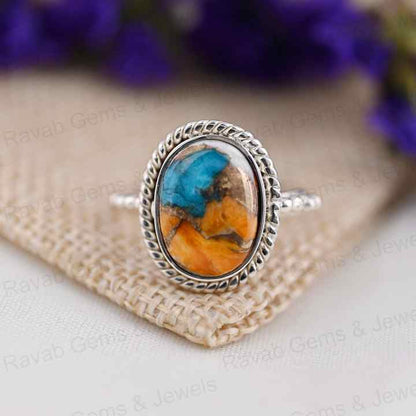 Best Selling 10x14mm Spiny Oyster Copper Turquoise Gemstone Bezel Real Sterling Silver Handmade Boho Dainty Oval Ring for Women