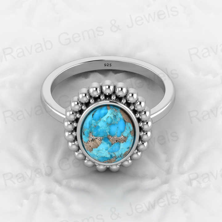 Best Selling 925 Silver Vermeil Eternity Band Natural 8x10mm Pyrite Turquoise Gemstone Bezel Oval Beaded Boho Ring Women Jewelry
