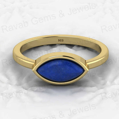 Top Selling Genuine 925 Sterling Silver Natural 5x10mm Lapis Lazuli Gemstone Marquise Bezel Ring for Women Fine Jewelry