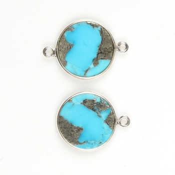 Natural Pyrite Turquoise 12mm Gemstone Jewellery Handmade Sterling Silver Round Coin Charm Connector for Pendant and Necklace