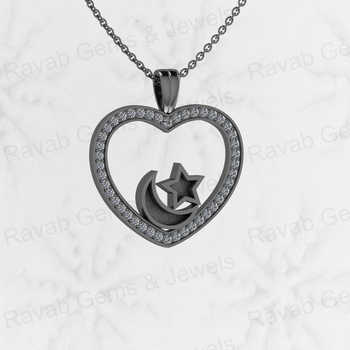 Solid Real 925 Silver 30mm Islamic Moon Star in Heart Semi Mounting Charm Pendant Blank Setting for Resin & Ashes Work Jewelry