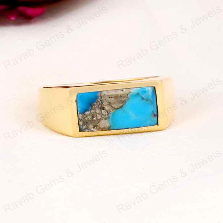 Best Selling 7x14mm Natural Pyrite Turquoise Gemstone Handmade 925 Silver Rectangle Vermeil Eternity Ring Fine Jewelry For Men's