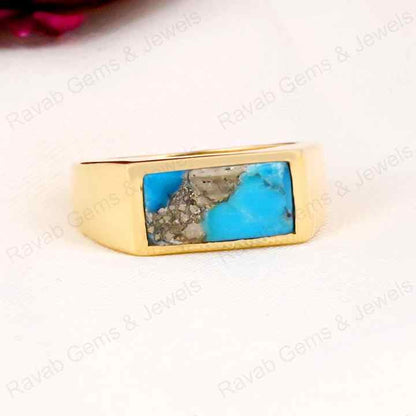 Best Selling 7x14mm Natural Pyrite Turquoise Gemstone Handmade 925 Silver Rectangle Vermeil Eternity Ring Fine Jewelry For Men's
