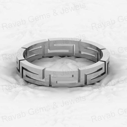 Solid 925 Sterling Silver Vermeil Greek Key Meander 4mm Eternity Wide Band Ring Bikers Adventured Men's Ring for Fine Jewelry