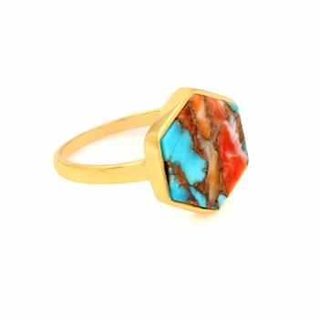 Top Quality Solid 925 Sterling Silver 18k Gold Plated Kingman Mohave Spiny Oyster Copper Turquoise 12mm Hexagon Shape Ring