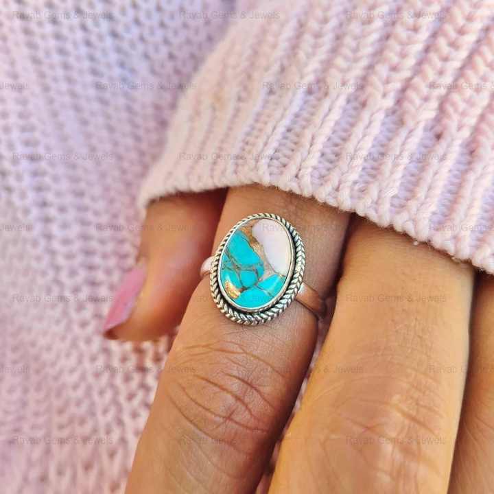 Hot Selling 10x14mm Mohave Turquoise Pink Opal Copper Stone 18k Gold Plated 925 Silver Dainty Promise Boho Oval Ring for Women