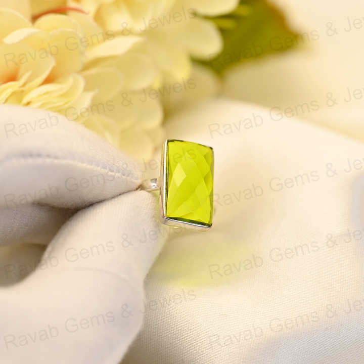 Top Selling Green Peridot Hydro Ring Sterling 925 Silver 10x14mm Checker Cut Faceted Bezel Setting Ring for Women Jewelry