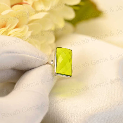 Top Selling Green Peridot Hydro Ring Sterling 925 Silver 10x14mm Checker Cut Faceted Bezel Setting Ring for Women Jewelry