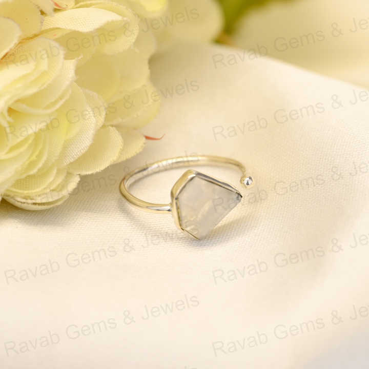 Best Selling Natural Rainbow Moonstone Sterling 925 Silver 10x10mm Diamond Cut Faceted Bezel Setting Adjustable Ring for Women