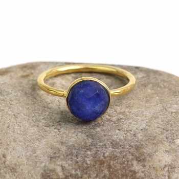 Best Selling 10mm Blue Dyed Sapphire Gemstone Bezel 18K Gold Plated Sterling Silver Dainty Ring Women Weddings Wholesale Jewelry