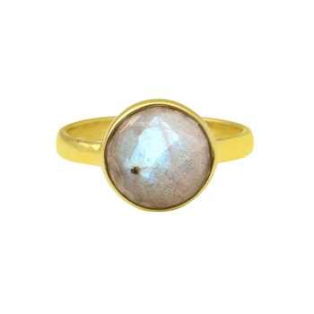 Unisex 18K Gold Plated High Quality 925 Solid Sterling Silver 12mm Labradorite Checker Cut Bezel Setting Ring Fine Jewelry