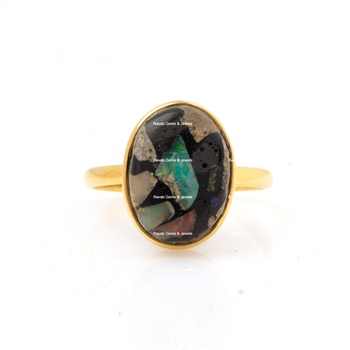 Impressive Dainty Simple 10x14mm Oval Natural Black Ethiopian Opal Copper Gemstone Gold Plated Sterling Silver Ring for Women
