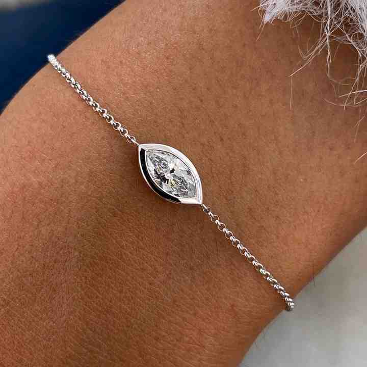 Genuine 925 Sterling Silver Lab-Diamond Marquise Brilliant Cut Bezel Setting Link Chain Minimalist Handmade Bracelet For Women