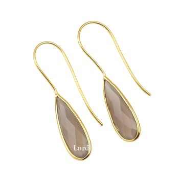 Best Quality Solid 925 Sterling Silver 18K Gold Plated Grey Chalcedony Checker Cut 10x25mm Long Pear Drop Earrings for Women