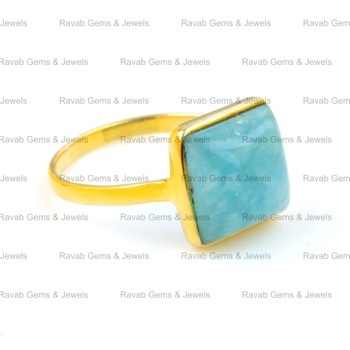 Hot Selling 12mm Natural Blue Smithsonite 18K Gold Plated 925 Sterling Silver Dainty Boho Square Ring for Women