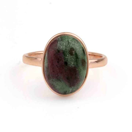 10x14mm Natural Ruby Zoisite Stone Women Gemstone Bezel Minimalist Jewelry 18k Gold Plated Silver Oval Shape Dainty Ring for Her