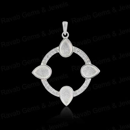 High Quality 925 Silver 6x4mm Pear Floral Surrounded CZ Blank Charm Pendant Stone Setting Jewelry Making Findings Components