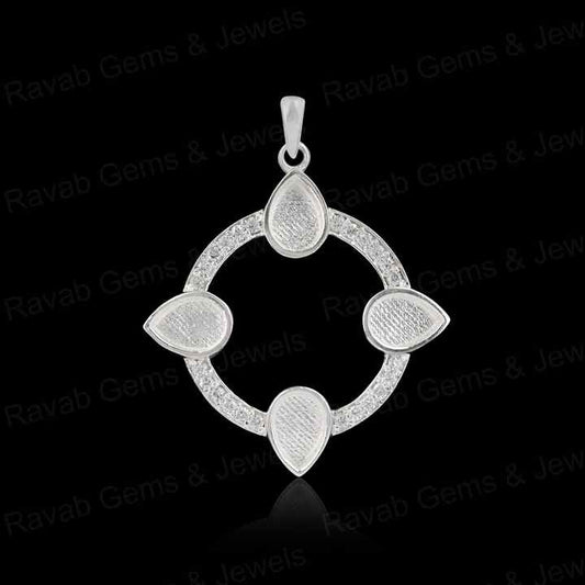 High Quality 925 Silver 6x4mm Pear Floral Surrounded CZ Blank Charm Pendant Stone Setting Jewelry Making Findings Components