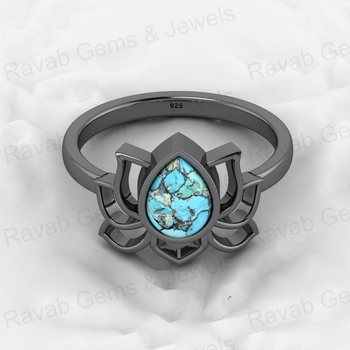Best Selling 18K Gold Plated Genuine 6x8mm 925 Silver Blue Copper Turquoise Lotus Flower Ring for Women Fine Jewelry
