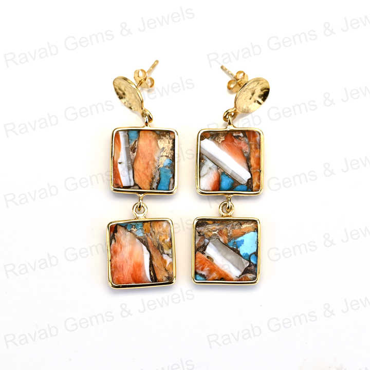 New Arrival Solid 925 Sterling Silver Natural Spiny Oyster 10mm Square Smooth 18k Gold Plated Dangle Drop Fine Earring for Women