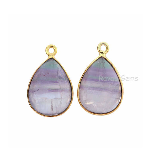 12x16mm Natural Multi Fluorite Gemstone Bezel 18k Gold Plated Sterling Silver Tiny Charms Pear Shape Charm Pendant for Necklace