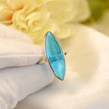 Top Selling 925 Sterling Silver Fine Ring for Women Handmade Blue Topaz Hydro Quartz 10x30mm Marquise Bezel Setting Jewelry