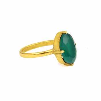 18K Gold Plated Sterling Silver Dainty Ring Women Beautiful 10x14mm Emerald Cut Natural Green Onyx Oval Shape Gemstone Fine