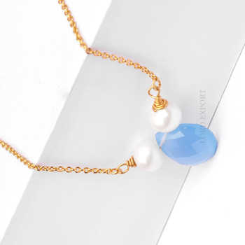 2024 Latest Design Natural Freshwater Pearl & Blue Chalcedony Gemstone Bezel 18k Gold Plated Silver Chain Necklace for Women