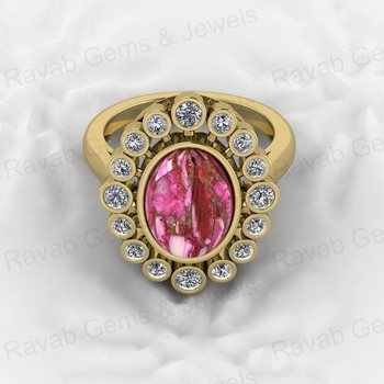 Top Selling 925 Silver 9x12mm Pink Kingman Dahlia Spiny Oyster Oval Shape Gemstone CZ Solitaire Cocktail Ring Unisex