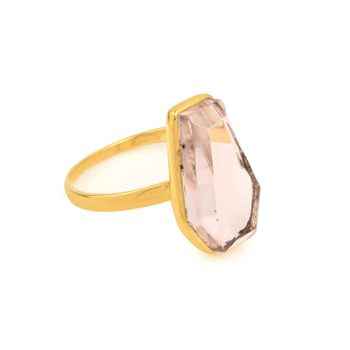 18K Gold Plated Sterling Silver Handmade Ring for Women 10x17mm Pink Morganite Hydro Quartz Gemstone Bezel Waterproof Jewelry