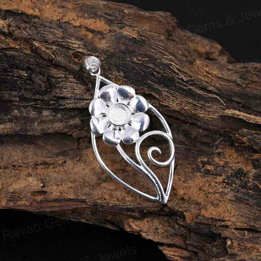 Handmade 925 Silver Semi-Mounting Charm Pendant Leaf Flower Design Stone Setting for DIY Keepsake Jewelry Findings Components
