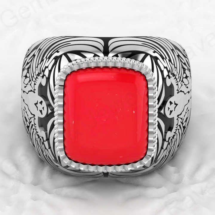 Best Selling Solid 925 Sterling Silver 9x13mm Red Coral Octa Cushion Shape Signet Ring for Men Customized Bikers Fine Jewelry