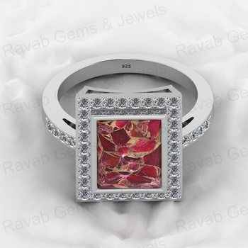 2024 New Arrival Solid 925 Sterling Silver 8x10mm Ruby Copper Turquoise Rectangle Unisex CZ Ring July Birthstone Gifted Jewelry