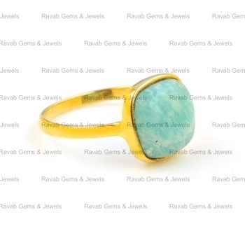 Best Quality 12mm Cushion Bezel Shape Ring for Women Solid 925 Sterling Silver 18k Gold Plating Natural Amazonite Fine Jewelry